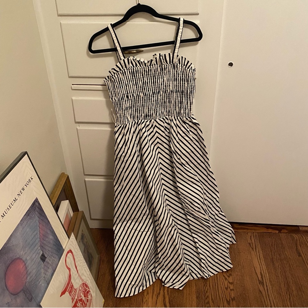 English Factory Black and White Striped Smocked Dress
